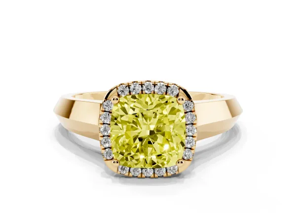 Fancy Yellow Cushion Cut Halo Diamond Ring with Cathedral Band and Four-Prong Setting Yellow gold