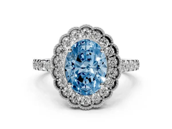 Fancy Blue Oval Cut Cut Diamond Milgrain Floral Halo Engagement Ring with Pavé Band Platinum
