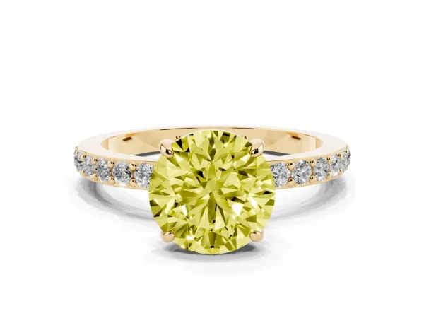 Fancy Yellow Round Cut Diamond Pavé Engagement Ring with Round Accents and Prong Setting Yellow gold