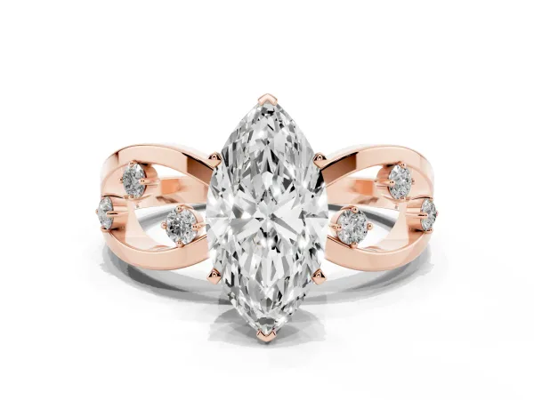 Marquise Cut Cut Solitaire Diamond with Side Stones on Criss-Cross Band and Four-Prong Setting Rose gold