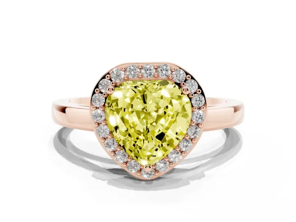 Fancy Yellow Heart Cut Halo Diamond Ring with Solitaire Band and Prong Setting Rose gold