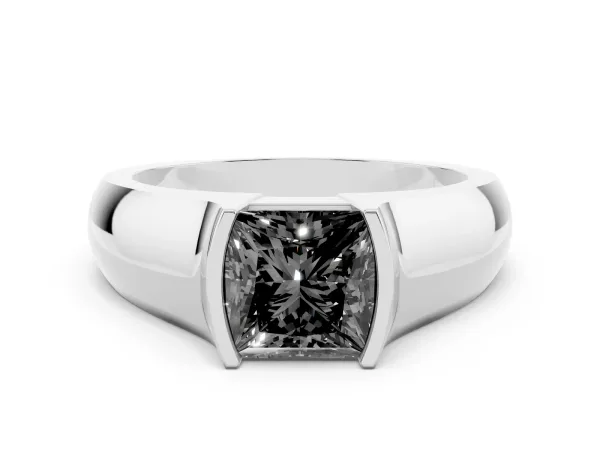 Fancy Black Princess Cut Solitaire Bezel Set Diamond Ring with Wide Band Platinum