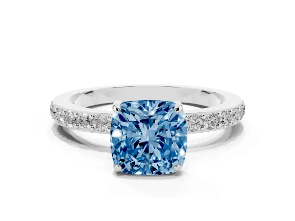 Fancy Blue Cushion Cut Diamond Solitaire Engagement Ring with Pavé Band and Four-Prong Setting Platinum