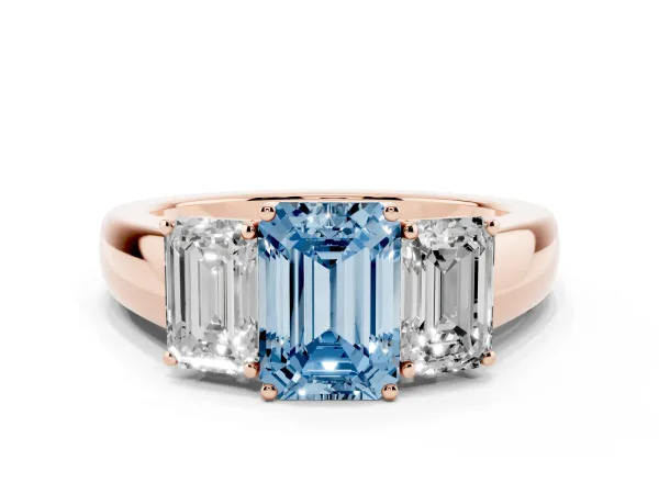 Fancy Blue Three-Stone Emerald Cut Cut Diamond Ring with Prong Setting and Classic Band Rose gold