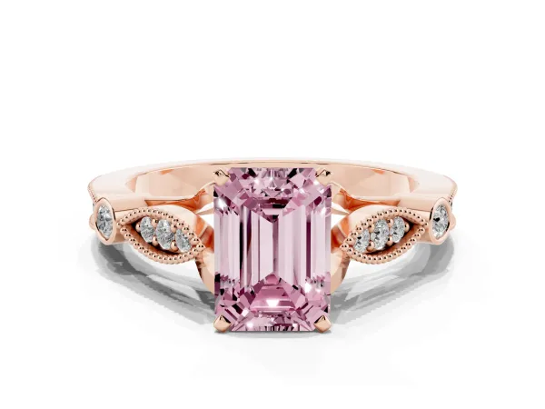 Fancy Pink Emerald Cut Cut Diamond with Milgrain Marquise and Bezel Accents on a Solitaire Band with Prong Setting Rose gold