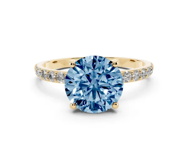 Fancy Blue Round Cut Diamond Solitaire Ring with Round Pavé Band and Prong Setting Yellow gold