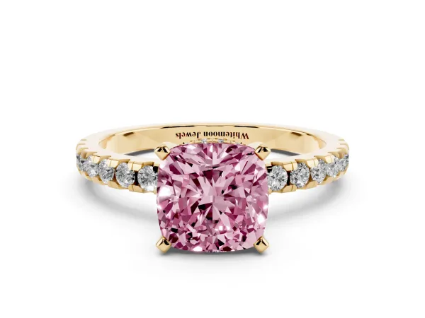 Fancy Pink Cushion Cut Diamond Solitaire Ring with Round Pavé Band and Four-Prong Setting Yellow gold