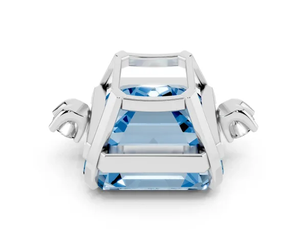 Fancy Blue Asscher Cut Cut Three-Stone Solitaire Ring with Round Accent Diamonds and Four-Prong Setting White gold