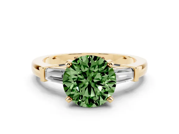 Fancy Green Round Cut Cut Diamond Solitaire Ring with Tapered Baguette Accents and Four-Prong Setting Yellow gold