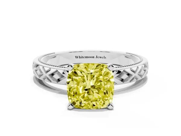 Fancy Yellow Cushion Cut Solitaire Diamond Ring with Milgrain and Black Enamel X Pattern Band Platinum
