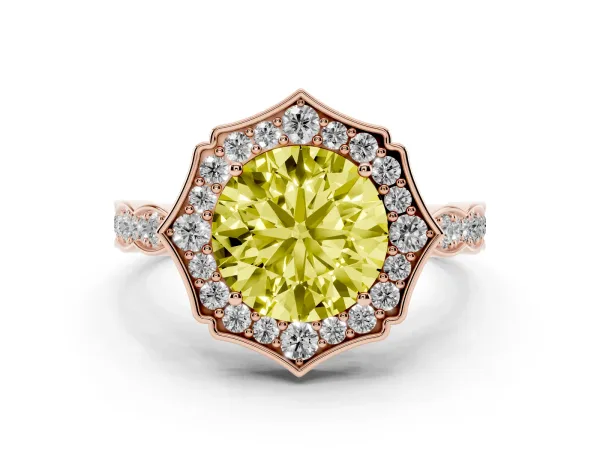 Fancy Yellow Round Cut Halo Diamond Engagement Ring with Milgrain Band and Four-Prong Setting Rose gold