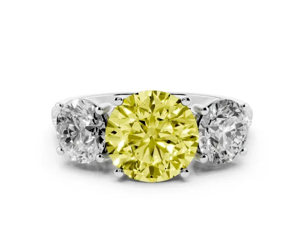 Fancy Yellow Three-Stone Round Cut Diamond Ring with Round Pavé Band and Prong Setting White gold