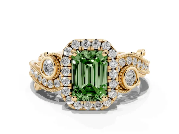 Fancy Green Emerald Cut Diamond Halo Ring with Milgrain Pavé Band and Four-Prong Setting Yellow gold