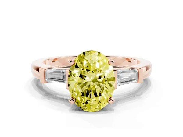 Fancy Yellow Oval Cut Cut Diamond Solitaire Ring with Tapered Baguette Accents and Four-Prong Setting Rose gold