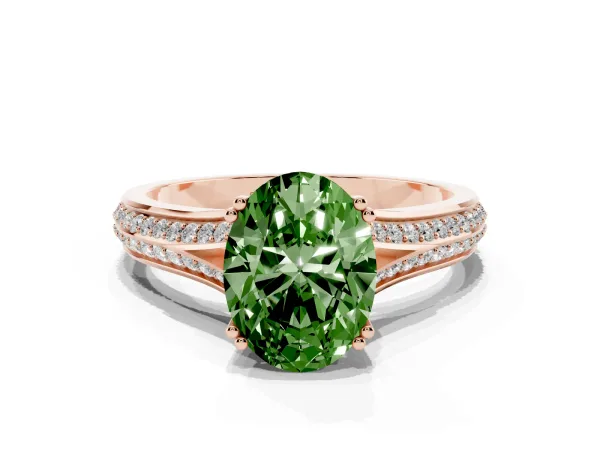 Fancy Green Oval Cut Diamond Split Shank Engagement Ring with Pavé Band Rose gold