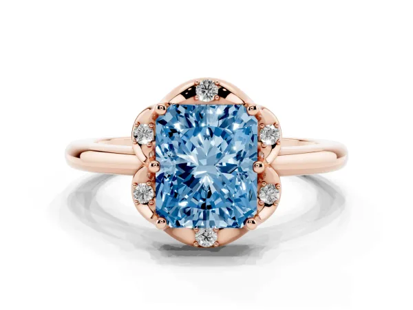 Fancy Blue Radiant Cut Halo Diamond Ring with Round Cluster Setting, Solitaire Band, and Four-Prong Setting Rose gold