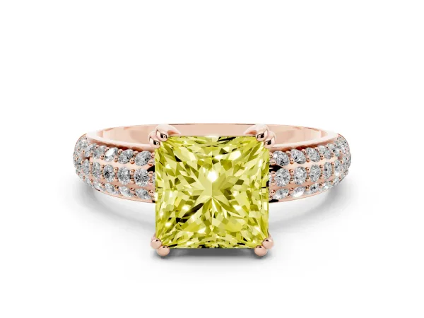 Fancy Yellow Princess Cut Diamond Solitaire Ring with Multi-Row Round Pavé Band and Prong Setting Rose gold