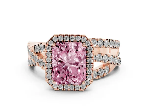 Fancy Pink Radiant Cut Diamond Halo Ring with Round Split Shank and Prong Setting Rose gold