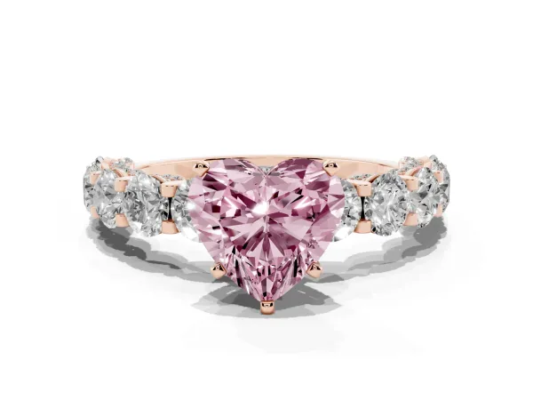 Fancy Pink Heart Cut Diamond Side Stone Engagement Ring with Four-Prong Setting Rose gold