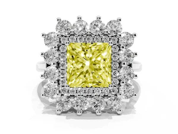 Fancy Yellow Princess Cut Diamond Floral Double Halo Engagement Ring with Prong Setting White gold