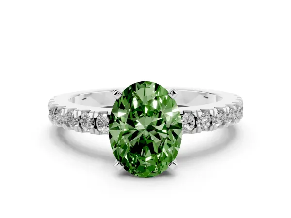 Fancy Green Oval Cut Solitaire Diamond with Pavé Band and Four-Prong Setting Platinum