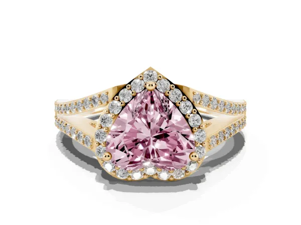 Fancy Pink Heart Cut Halo Split Shank Diamond Ring with Prong Setting Yellow gold