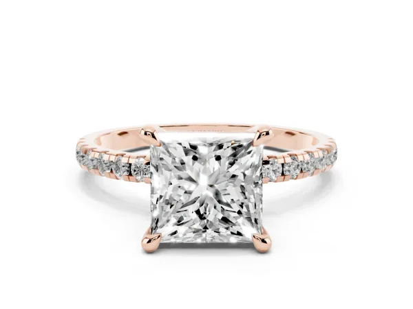 Princess Cut Diamond Brilliant Solitaire Ring with Pavé Band and Four-Prong Setting Rose gold