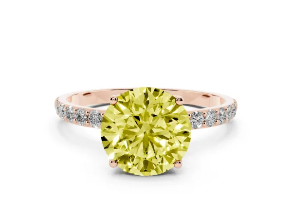 Fancy Yellow Round Cut Diamond Solitaire Engagement Ring with Round Pavé Band and Prong Setting Rose gold