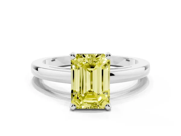 Fancy Yellow Emerald Cut Solitaire Diamond Engagement Ring with Four-Prong Setting on a Classic Band Platinum