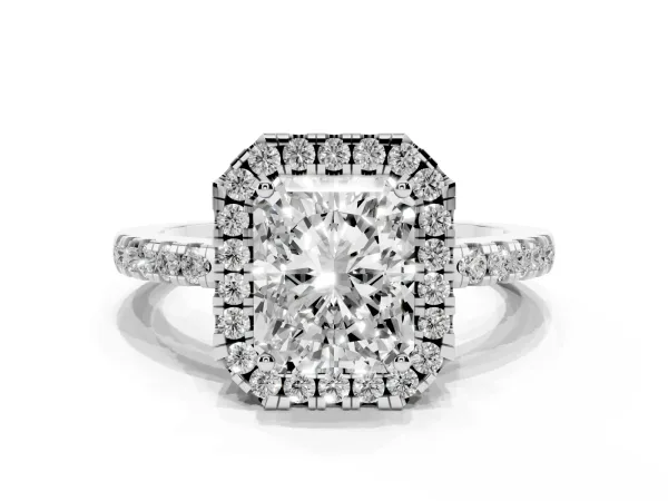 Radiant Cut Halo Diamond Engagement Ring with Pavé Band and Four-Prong Setting Platinum