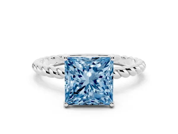 Fancy Blue Princess Cut Solitaire Twisted Band 4-Prong Ring White gold