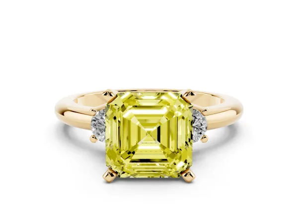 Fancy Yellow Three-Stone Asscher Cut Cut Diamond Solitaire with Prong Setting and Classic Band Yellow gold