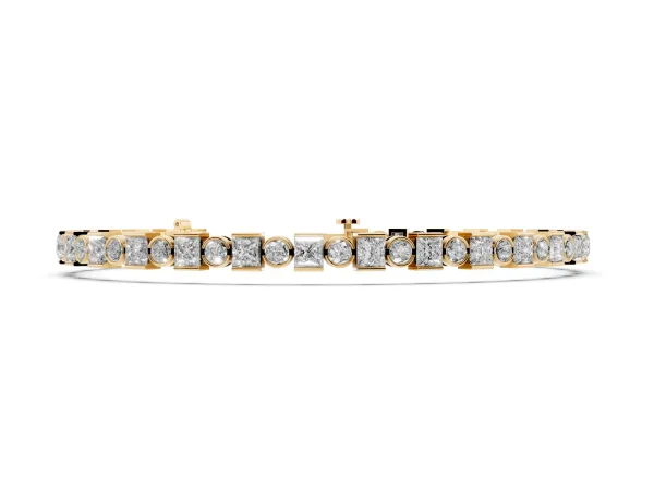 Bezel and Prong Set Round and Princess Cut Diamond Tennis Bracelet Yellow gold