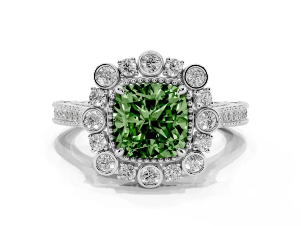 Fancy Green Cushion Cut Halo Milgrain Pave Diamond Ring with Four-Prong Setting Platinum
