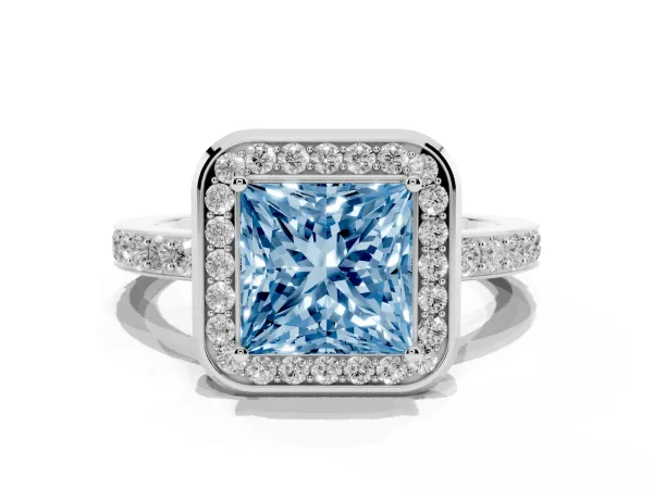 Fancy Blue Princess Cut Diamond Halo Ring with Bezel Frame and Pavé Band Platinum