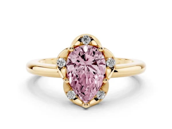 Fancy Pink Pear Cut Halo Diamond Ring with Round Cluster Setting, Solitaire Band, and Four-Prong Setting Yellow gold