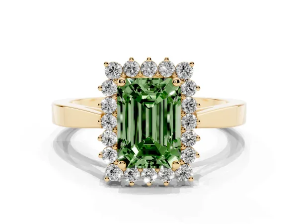 Fancy Green Emerald Cut Cut Diamond Halo Ring with Round Brilliant Halo and Solitaire Band Yellow gold
