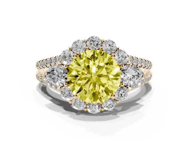 Fancy Yellow Round Cut Halo Split Shank Diamond Engagement Ring with Prong Setting Yellow gold