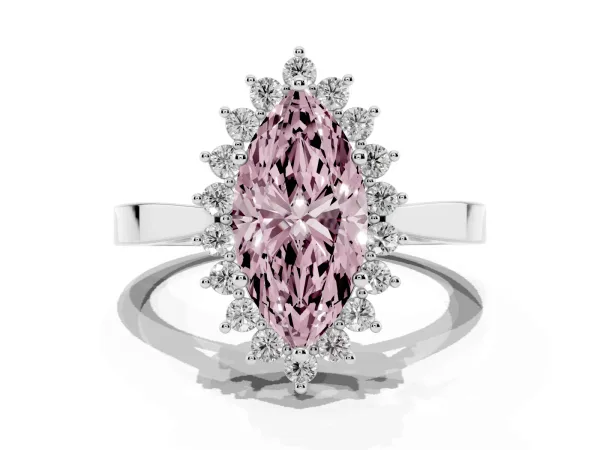 Fancy Pink Marquise Cut Cut Diamond Halo Ring with Round Brilliant Halo and Solitaire Band Platinum