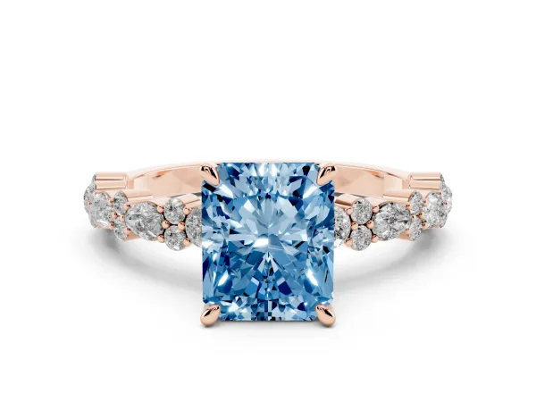 Fancy Blue Radiant Cut Diamond Side Stone Solitaire Ring with Round and Four-Prong Setting Rose gold