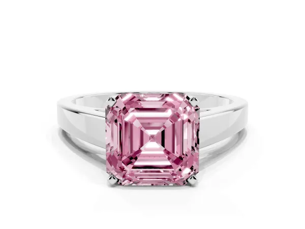 Fancy Pink Asscher Cut Solitaire Engagement Ring with Four-Prong Setting and Tapered Band Platinum