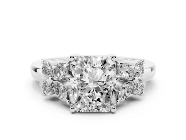 Radiant Cut Diamond Floral Cluster Ring with Solitaire Band and Prong Setting White gold