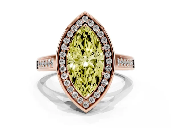 Fancy Yellow Marquise Cut Halo Solitaire Diamond Ring with Pave Band and Bezel Setting Rose gold