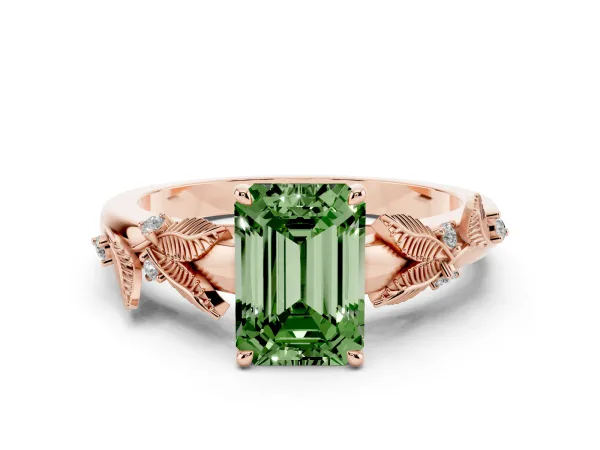 Fancy Green Emerald Cut Diamond Solitaire Ring with Leaf Motif Band and Four-Prong Setting Rose gold