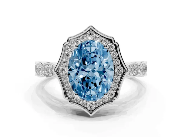 Fancy Blue Oval Cut Halo Diamond Engagement Ring with Milgrain Band and Four-Prong Setting Platinum