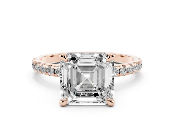 Asscher Cut Diamond Brilliant Solitaire Ring with Pavé Band and Four-Prong Setting Rose gold