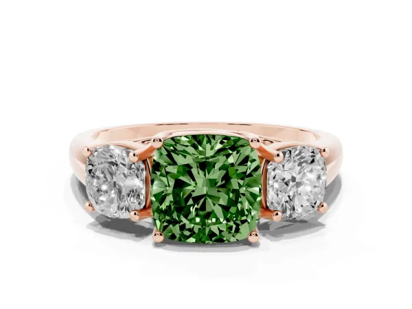 Fancy Green Three-Stone Cushion Cut Diamond Engagement Ring with Prong Setting Rose gold
