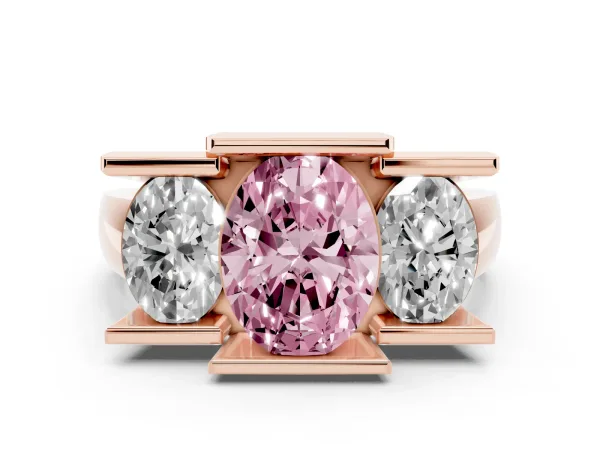 Fancy Pink Three Stone Oval Cut Cut Channel Set Diamond Ring Rose gold