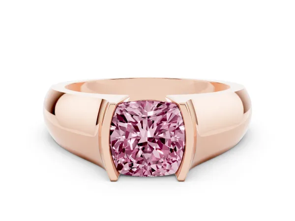 Fancy Pink Cushion Cut Solitaire Bezel Set Diamond Ring with Wide Band Rose gold