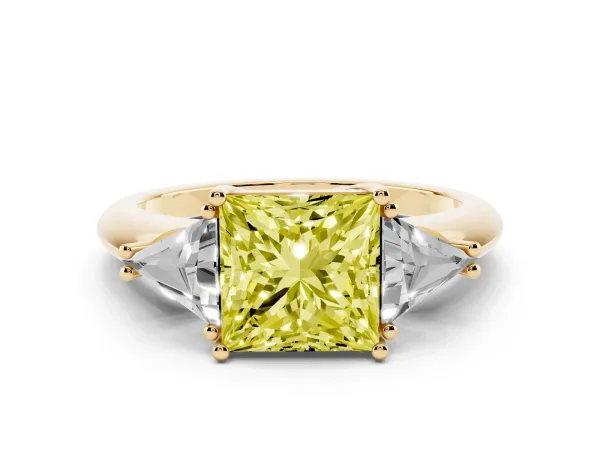 Fancy Yellow Three-Stone Princess Cut Diamond Engagement Ring with Trillion Side Stones and Prong Setting Yellow gold